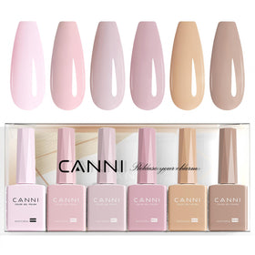 CANNI front packaging showing six nude pink bottles, easy shade selection benefit
