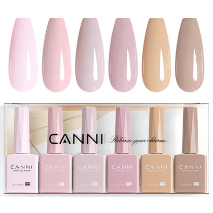 CANNI front packaging showing six nude pink bottles, easy shade selection benefit
