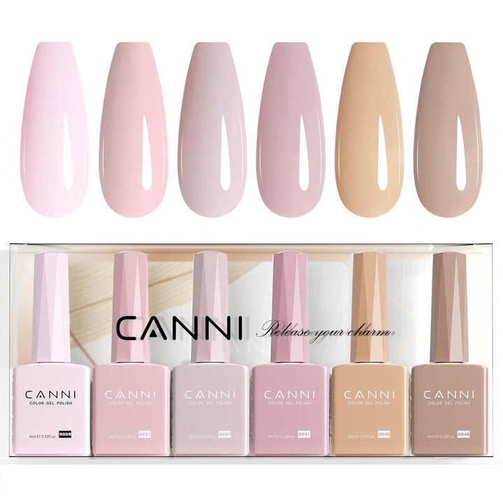 CANNI front packaging showing six nude pink bottles, easy shade selection benefit