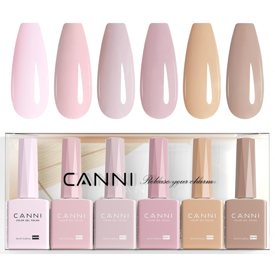 CANNI front packaging showing six nude pink bottles, easy shade selection benefit