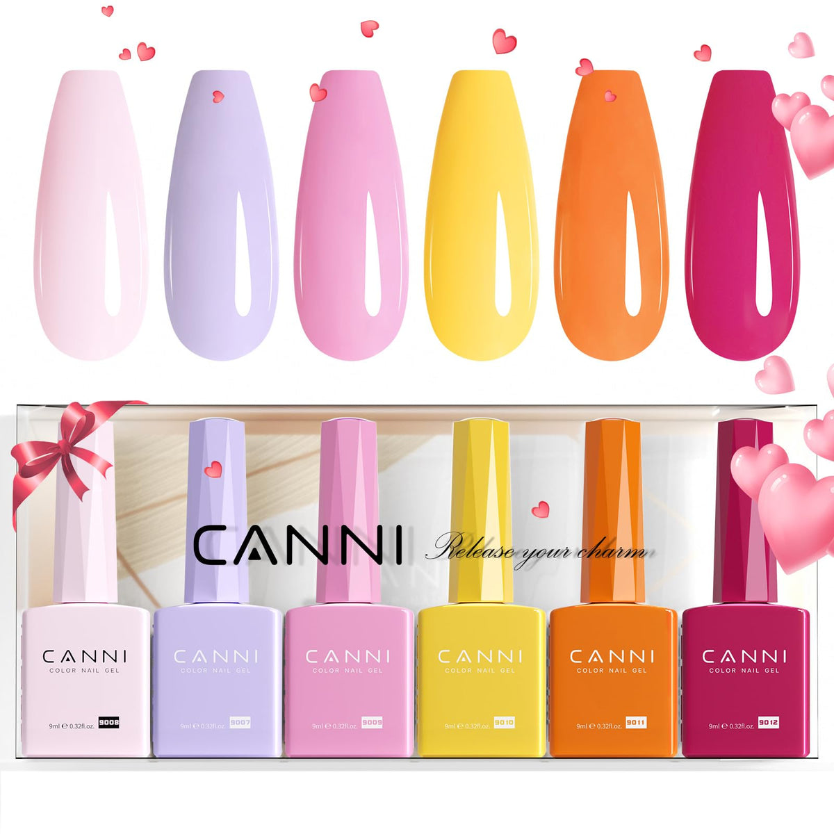 CANNI front packaging showing six vibrant gel colors and clear bottle labels for quick selection