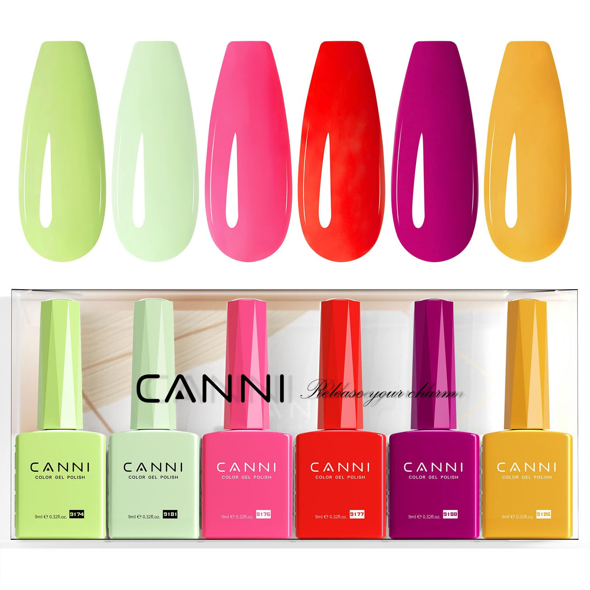 CANNI front view of six color bottles showing bright shades and organized packaging benefit