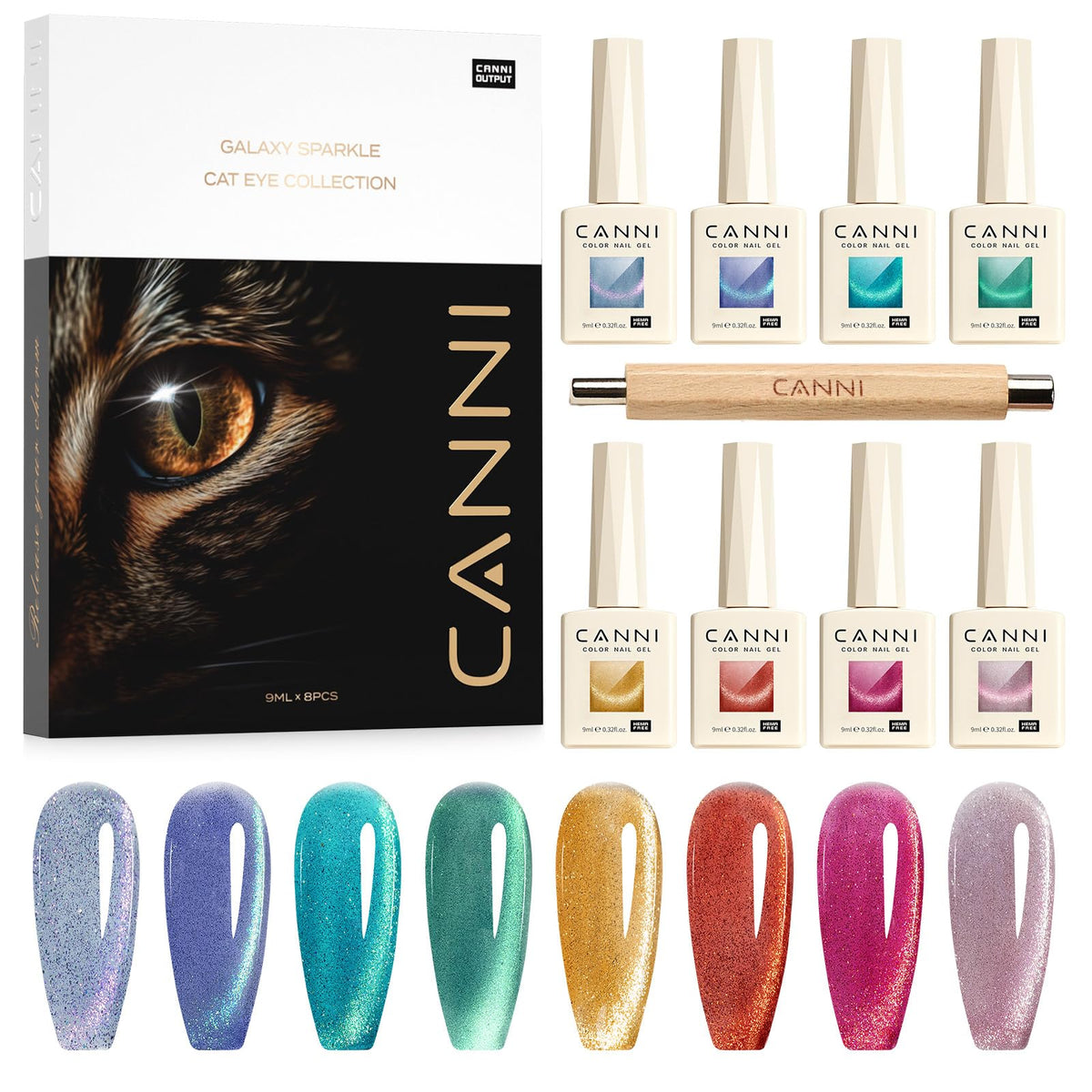 CANNI front packaging of eight 9 ml gel bottles showing color range and kit benefits
