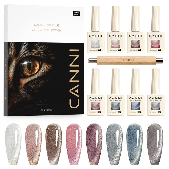 CANNI front packaging showing eight 9ml cat eye gel bottles for varied looks