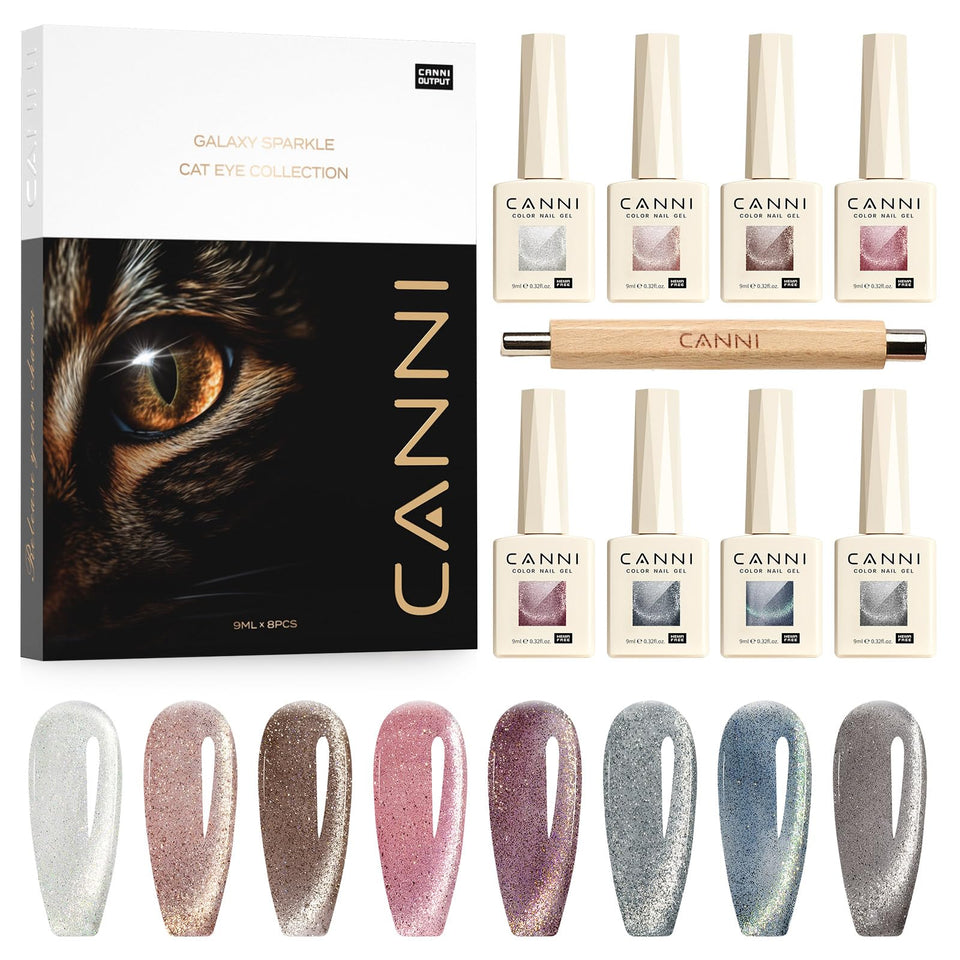 CANNI front packaging showing eight 9ml cat eye gel bottles for varied looks