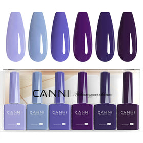 CANNI front packaging showing six dark purple and blue gel bottles for cohesive color selection