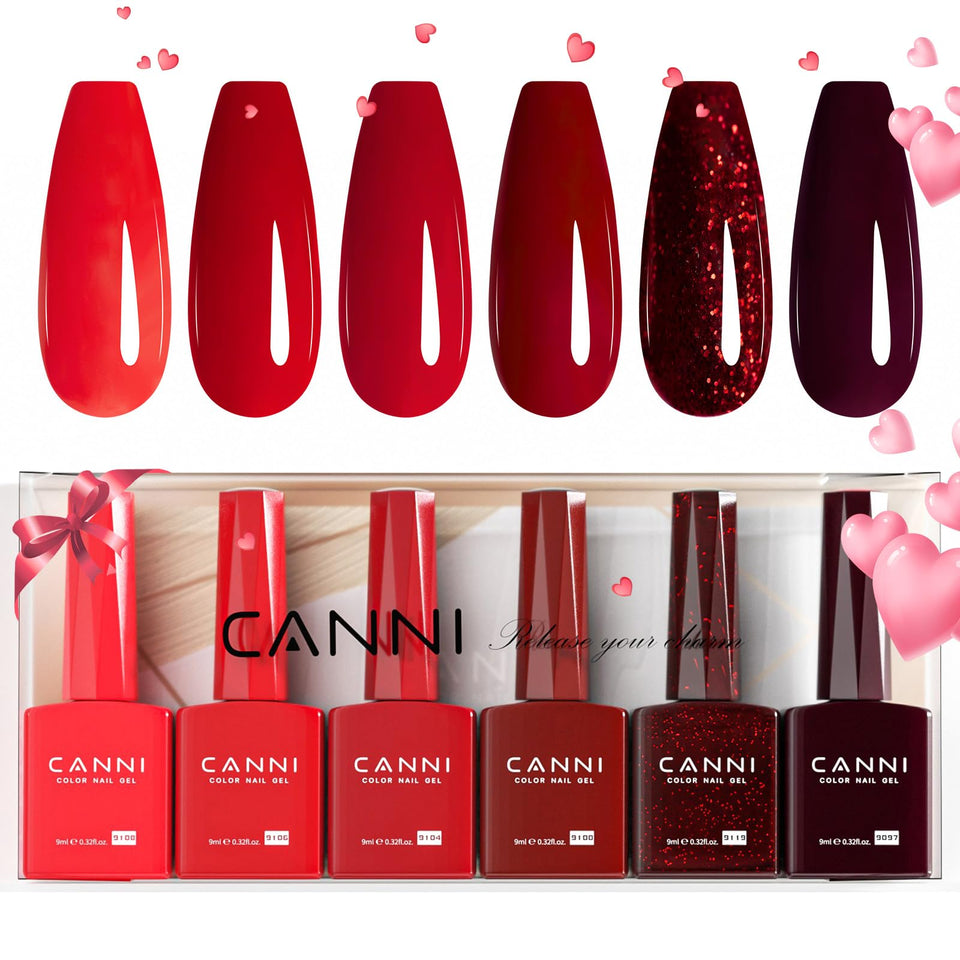 CANNI front packaging showing six dark red gel polish bottles and gift-ready presentation