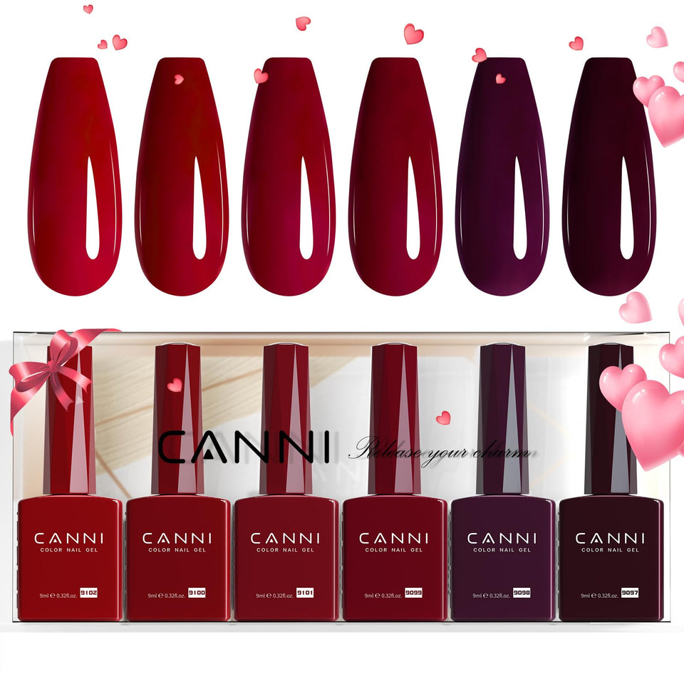 CANNI front packaging of six deep red gel bottles, clear color display