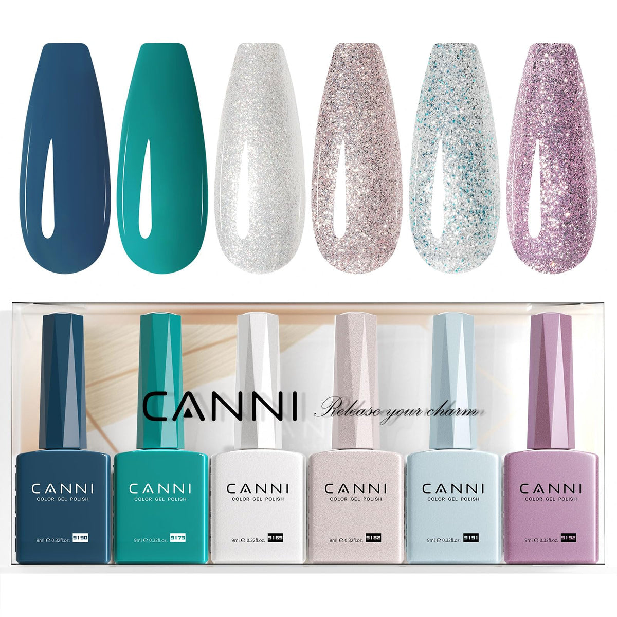 CANNI front packaging showing six glitter gel bottles and vibrant colors for easy selection