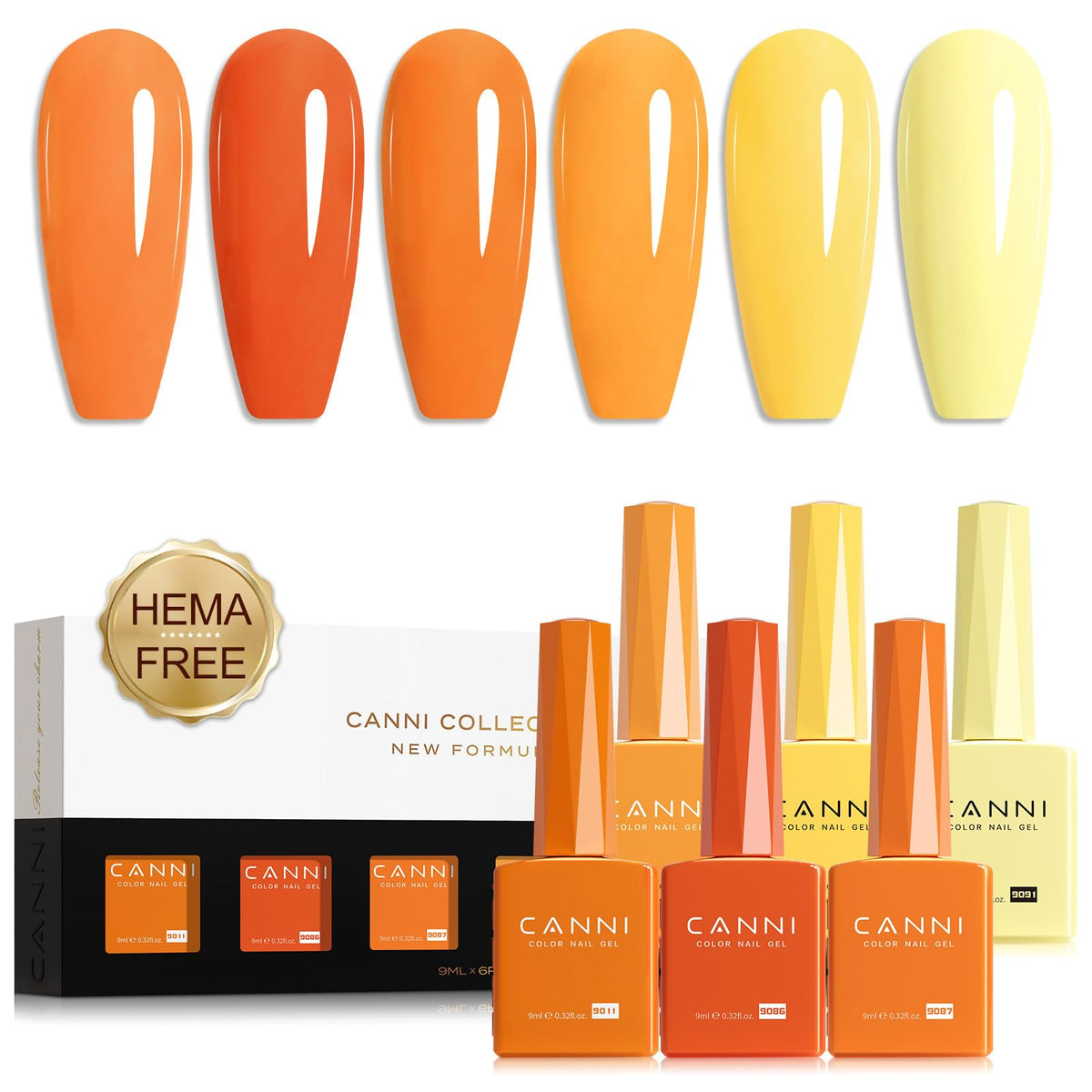 CANNI front packaging showing six orange gel bottles and kit presentation benefit clear selection