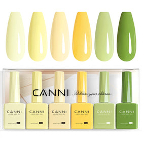CANNI front packaging showing six pastel yellow and green gel bottles for coordinated looks