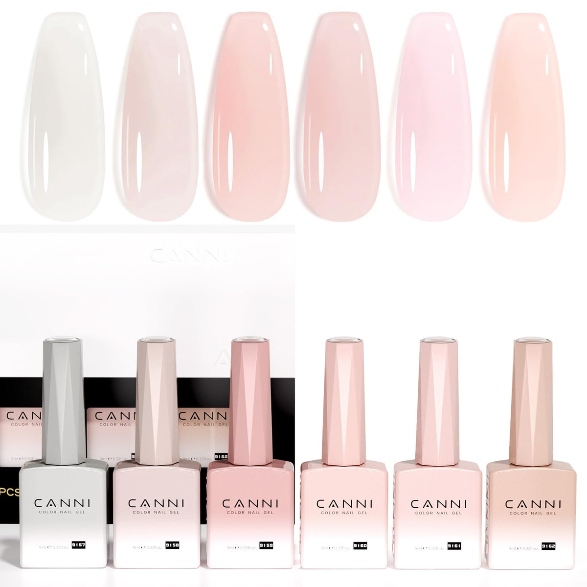 CANNI front packaging showing six nude jelly bottles and benefits