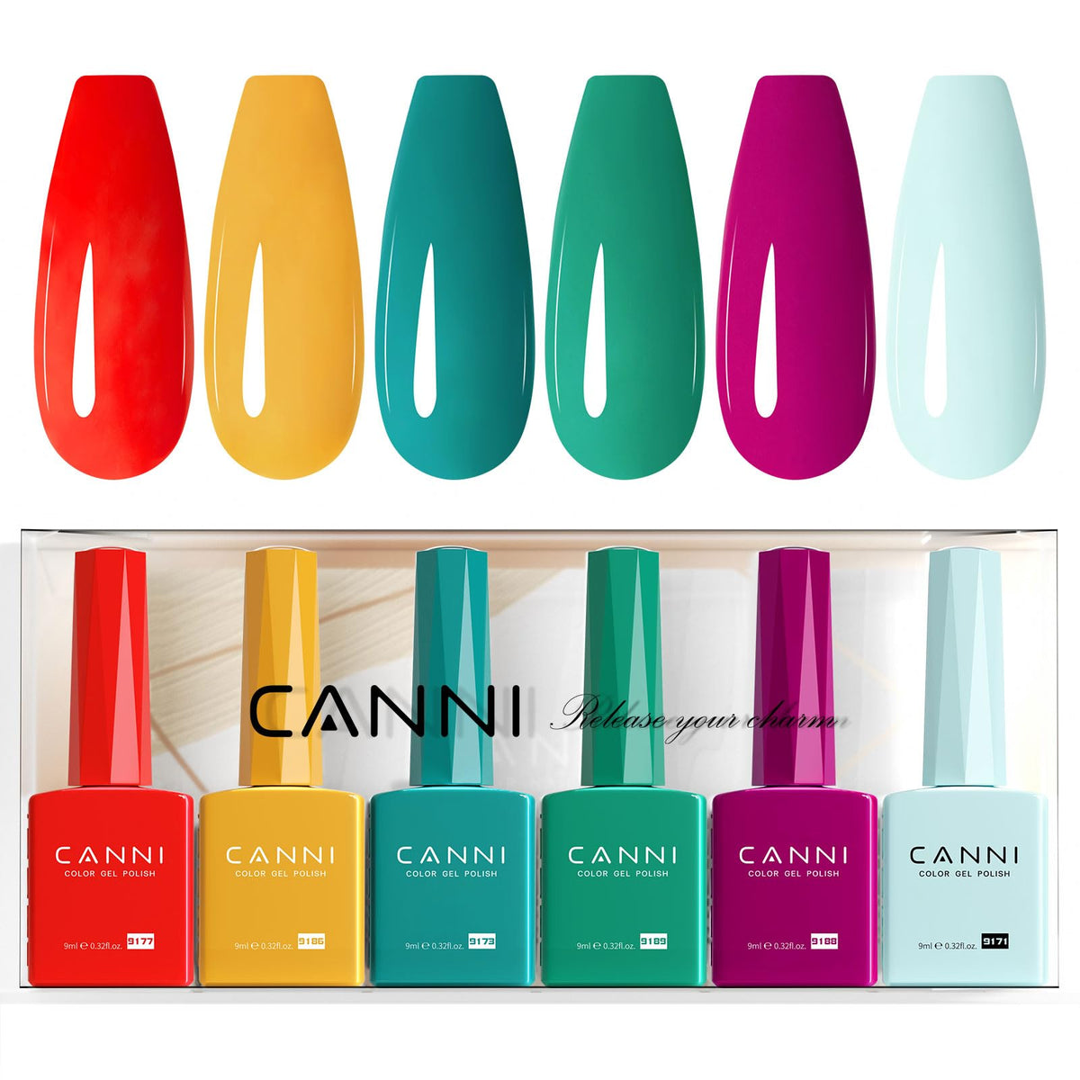 CANNI front packaging showing six colorful bottles for quick shade selection