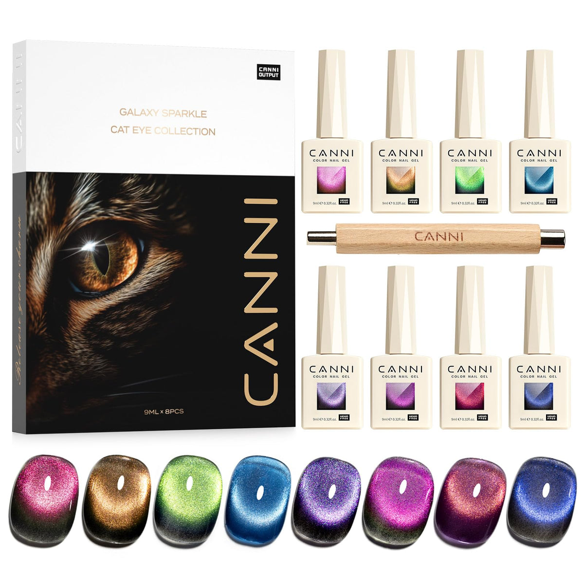 CANNI front packaging showing eight 9ml bottles and colors, clear kit presentation benefit