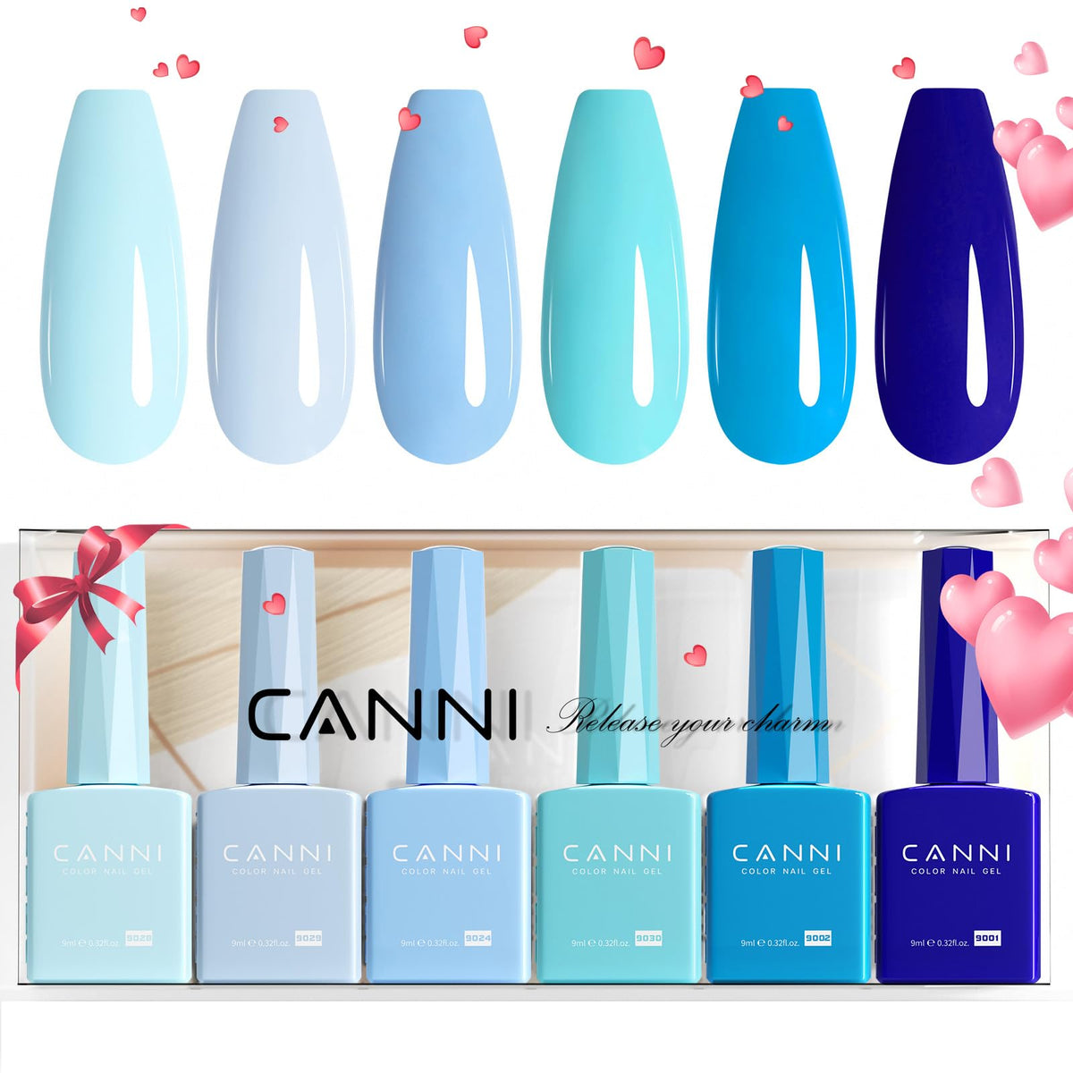 CANNI front packaging showing six navy blue gel bottles and gift box benefits presentation