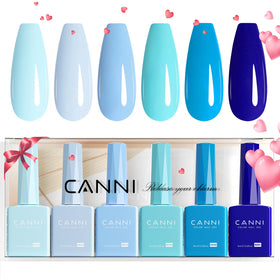 CANNI front packaging showing six navy blue gel bottles and gift box benefits presentation