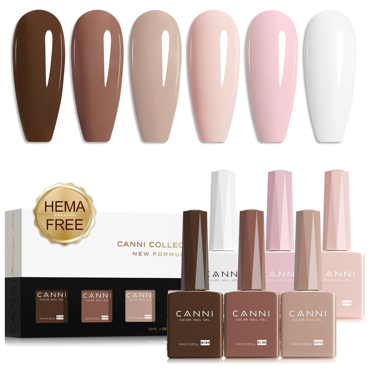 CANNI front packaging showing six nude pink gel bottles for easy shade selection