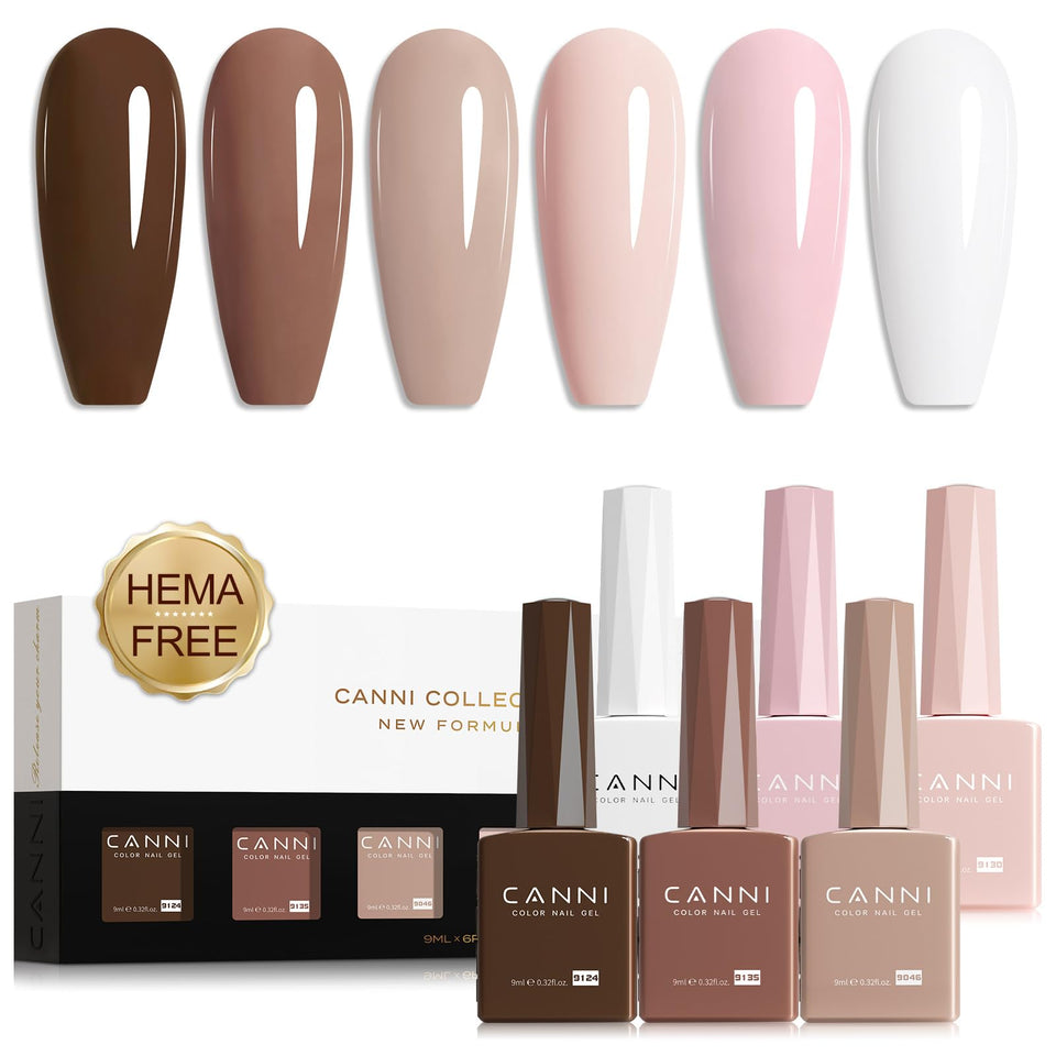 CANNI front packaging showing six nude pink gel bottles for easy shade selection