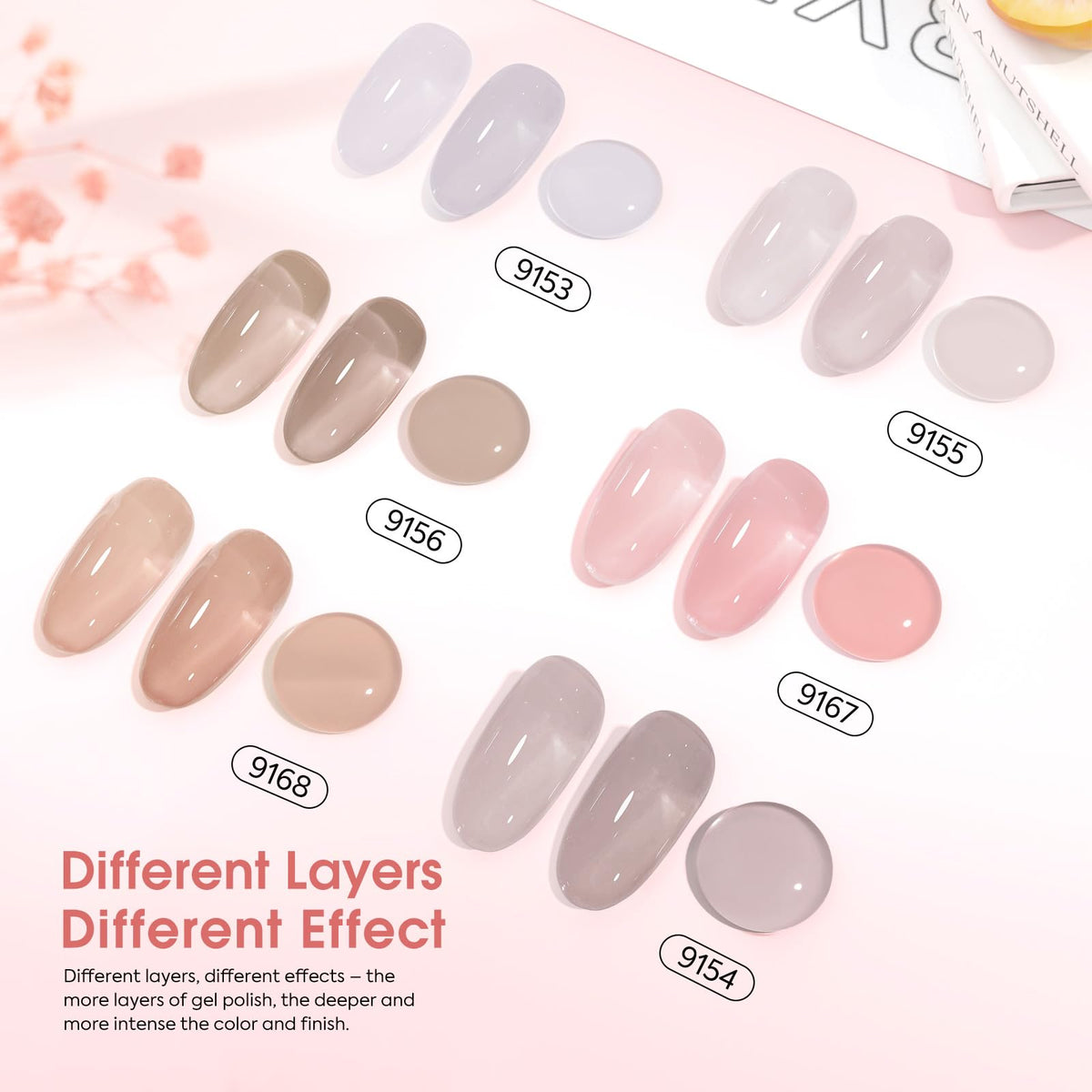 CANNI six gel bottles lined up displaying tinted bottle colors for quick choice