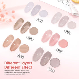CANNI six gel bottles lined up displaying tinted bottle colors for quick choice