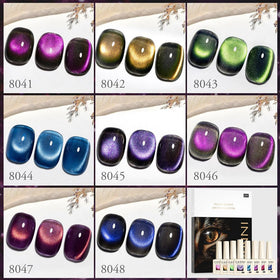 CANNI magnet demo held above uncured nail, demonstrates creating cat-eye stripe benefit