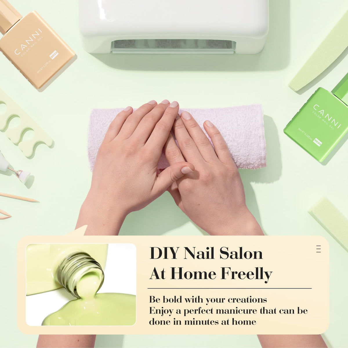 CANNI nails curing under LED lamp showing professional-grade gel shine