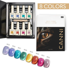 CANNI color swatches fan displaying eight shimmer and solid tones for selection benefit