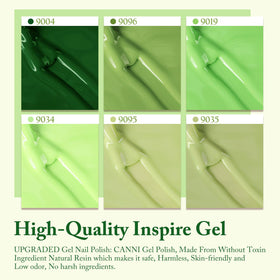 CANNI spring manicure lifestyle scene with styled hands showing cohesive green palette