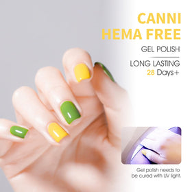 CANNI nail wheel swatches displaying six pastel greens and yellows for color planning