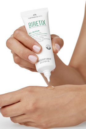 Cantabria Labs Biretix 50ml size comparison next to hand, conveys travel-friendly volume