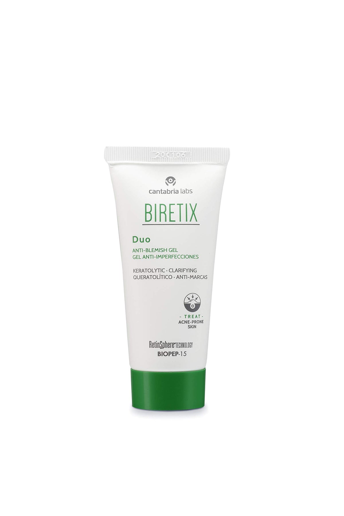 Cantabria Labs Biretix Duo gel applied to skin showing targeted spot treatment benefit