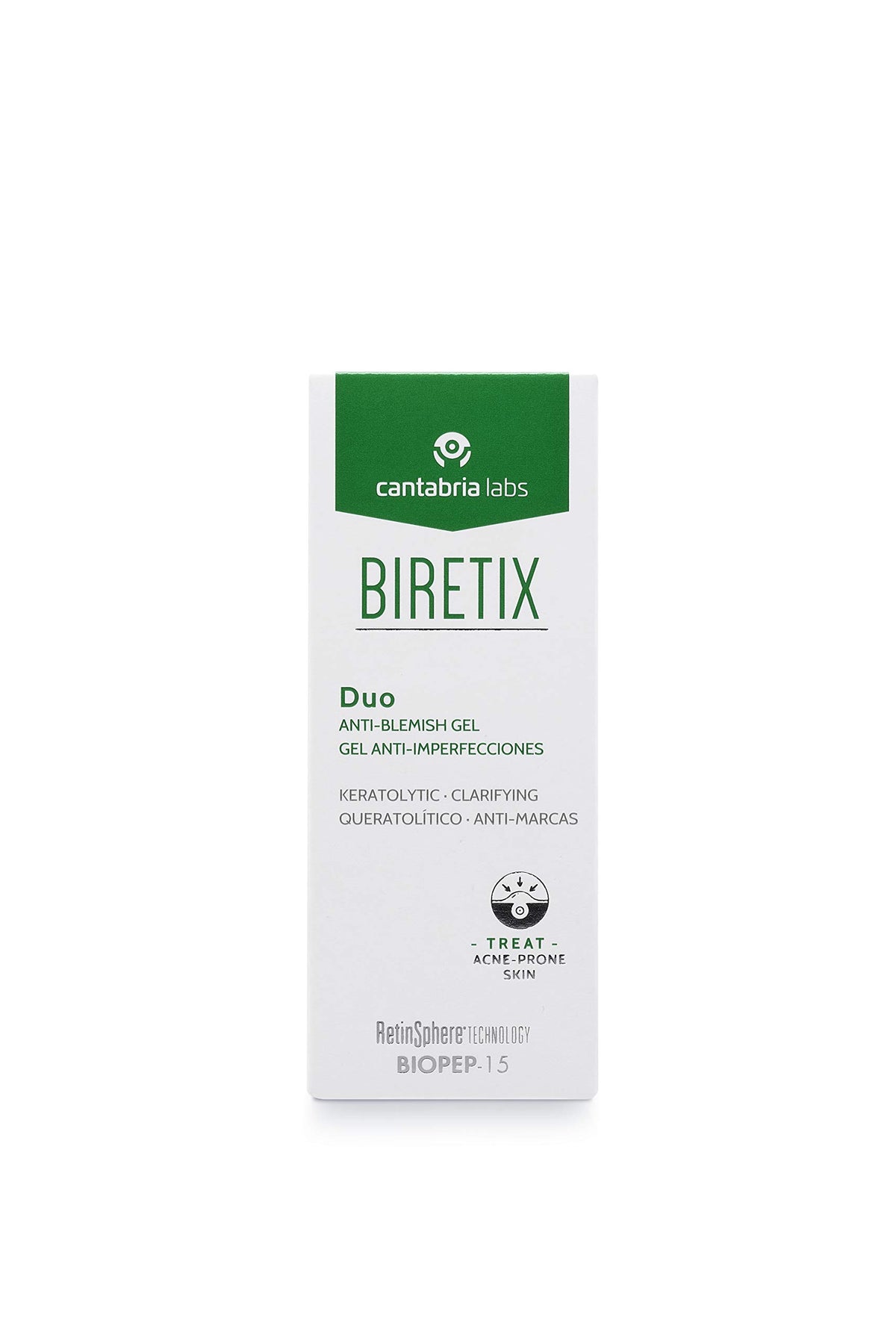 Cantabria Labs Biretix Duo clear gel texture close-up demonstrating lightweight absorption