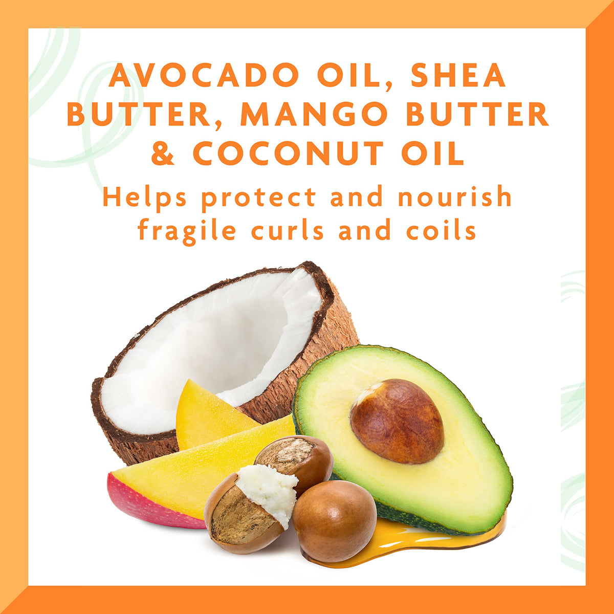 Cantu natural ingredients display with shea butter and avocado oils benefit
