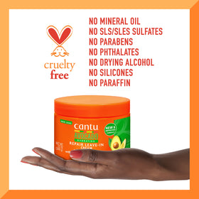 Cantu label close-up showing ingredient list and free-from claims