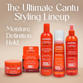 Cantu bottle on bathroom shelf suggesting daily styling convenience