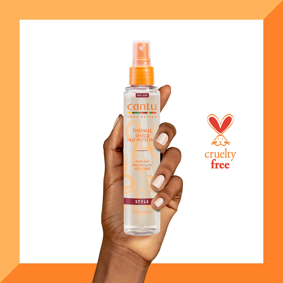 Cantu bottle beside hand to show 5.1 fl oz size and portability