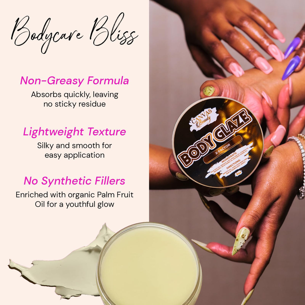 Canvas Beauty ingredient set with jojoba oil, rice bran and beeswax highlighting nourishment