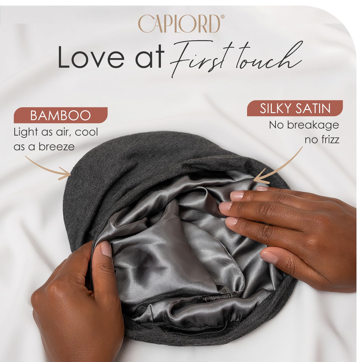 CAPLORD close-up satin lining demonstrates smooth fabric protecting hair