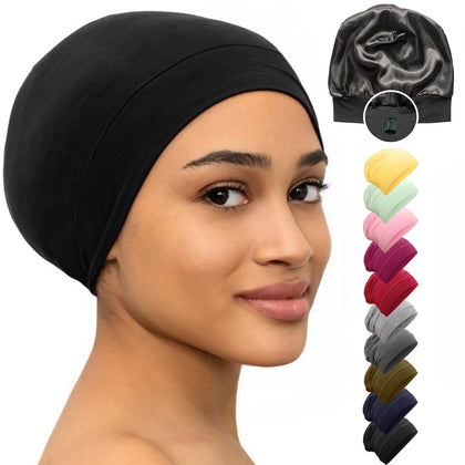 CAPLORD front view black satin bonnet showing sleek silhouette and protective coverage