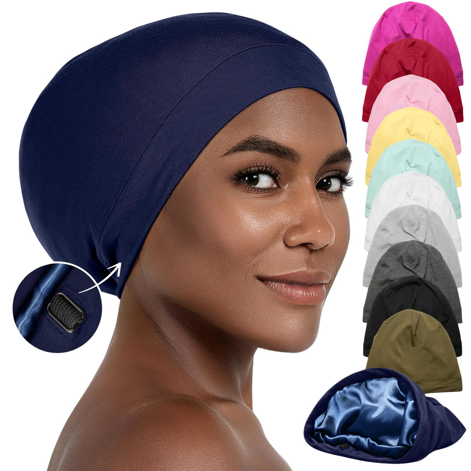 CAPLORD front view navy bonnet showing sleek fit and protection