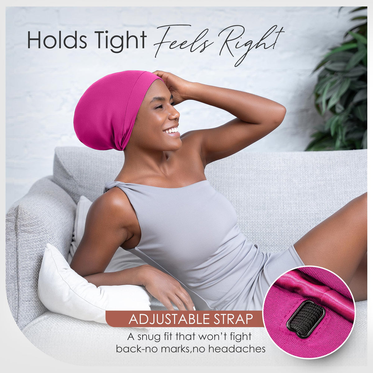 CAPLORD woman wearing sleep bonnet maintaining curls overnight benefit