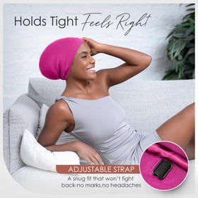 CAPLORD woman wearing sleep bonnet maintaining curls overnight benefit