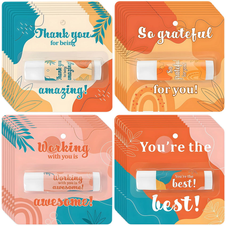 Capoda front packaging showing 28 carded lip balms and thank-you design, conveys practical gifting