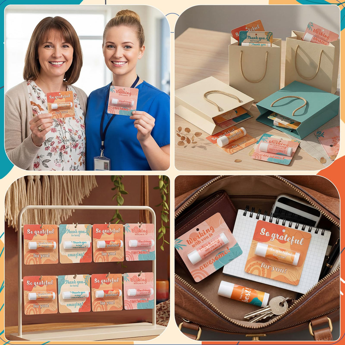 Capoda party favor bag display with several carded balms showing attractive event-ready presentation