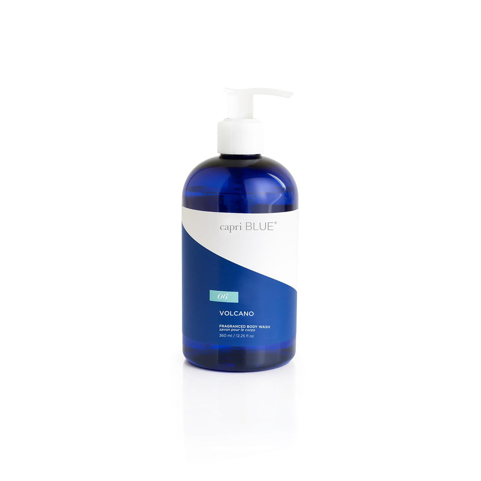 Capri Blue front bottle showing cobalt-blue pump and Volcano label for elegant display