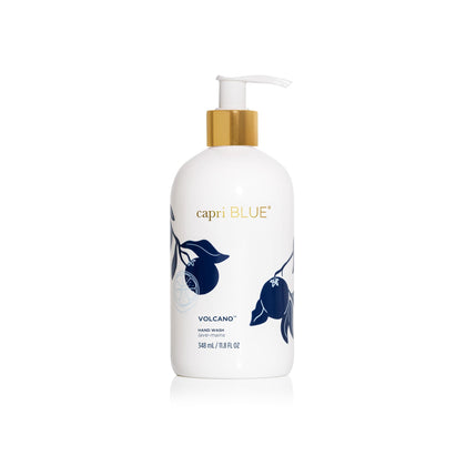 Capri Blue front bottle showing decorative Volcano design and gold accents, enhances sink style