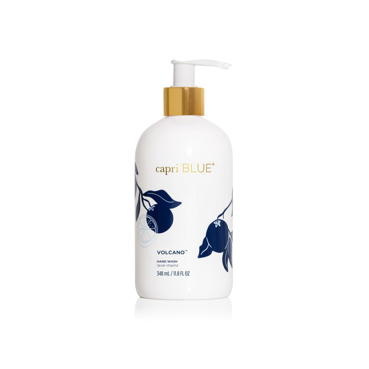 Capri Blue front bottle showing decorative Volcano design and gold accents, enhances sink style