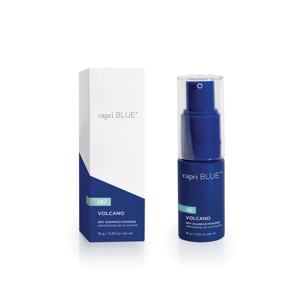 Capri Blue front packaging showing Volcano dry shampoo, compact and travel-ready