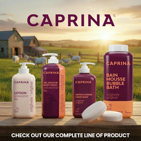 Fresh goat milk pouring next to Caprina bar showing natural ingredient benefit