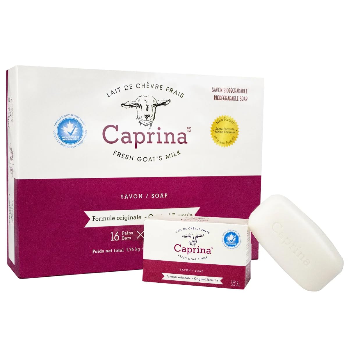 Caprina front packaging showing 16 bars and clean branding benefit: clear supply